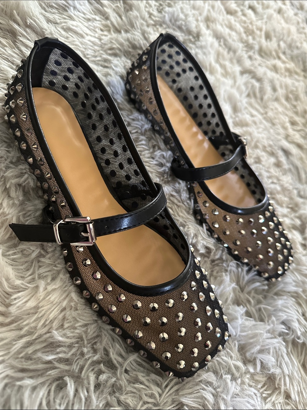 Studded Black Mesh Mary Jane Flats - Women's - Picture 4 of 8